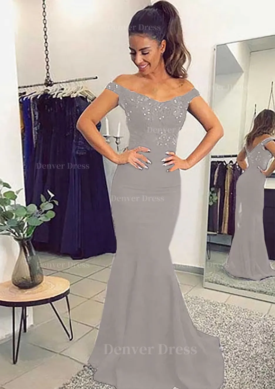 Elastic Satin Prom Dress Trumpet/Mermaid Off-The-Shoulder Sweep Train With Lace