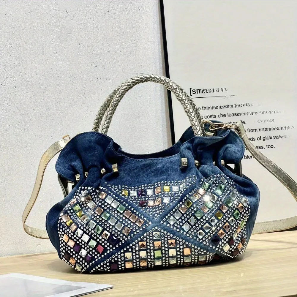 Elegant Mini Denim Crossbody Bag with Colorful Rhinestone Accents, Detachable Strap - Chic Women's Fashion Handbag