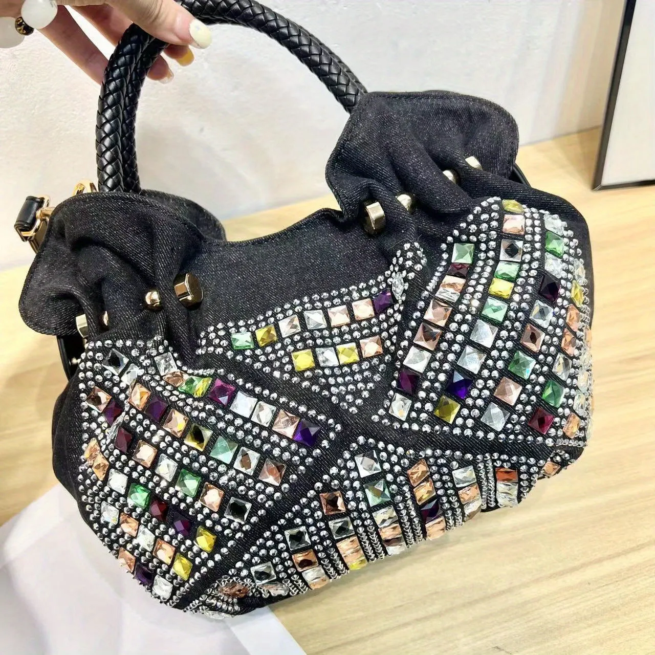 Elegant Mini Denim Crossbody Bag with Colorful Rhinestone Accents, Detachable Strap - Chic Women's Fashion Handbag