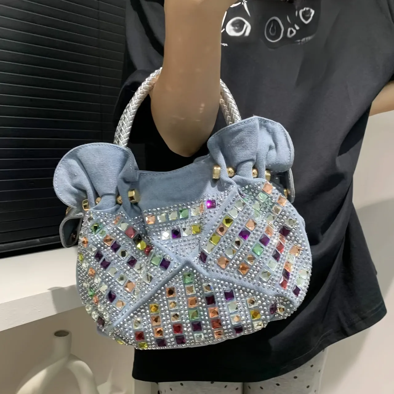 Elegant Mini Denim Crossbody Bag with Colorful Rhinestone Accents, Detachable Strap - Chic Women's Fashion Handbag