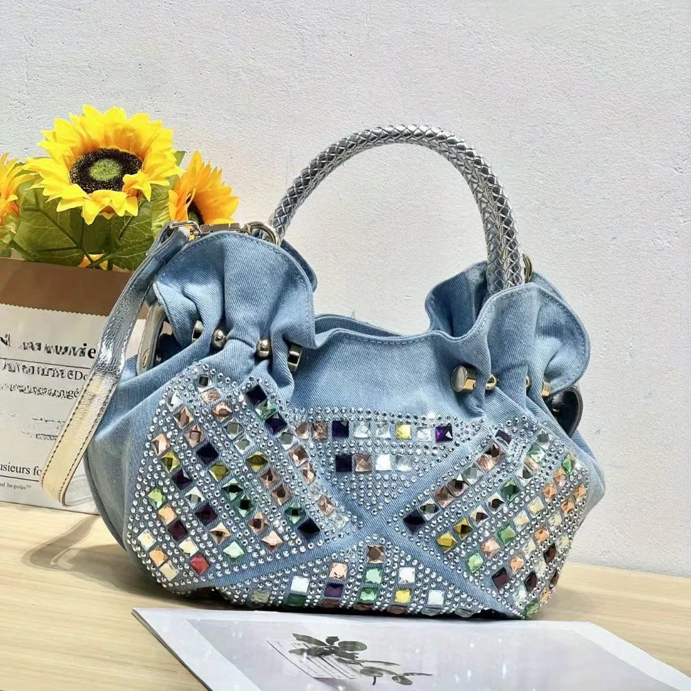 Elegant Mini Denim Crossbody Bag with Colorful Rhinestone Accents, Detachable Strap - Chic Women's Fashion Handbag