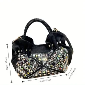 Elegant Mini Denim Crossbody Bag with Colorful Rhinestone Accents, Detachable Strap - Chic Women's Fashion Handbag