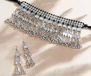 Elegant Mirror Work Alloy Silver Plated Jewellery Set