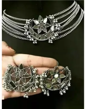 Elegant Mirror Work Alloy Silver Plated Oxidised Jewellery Set