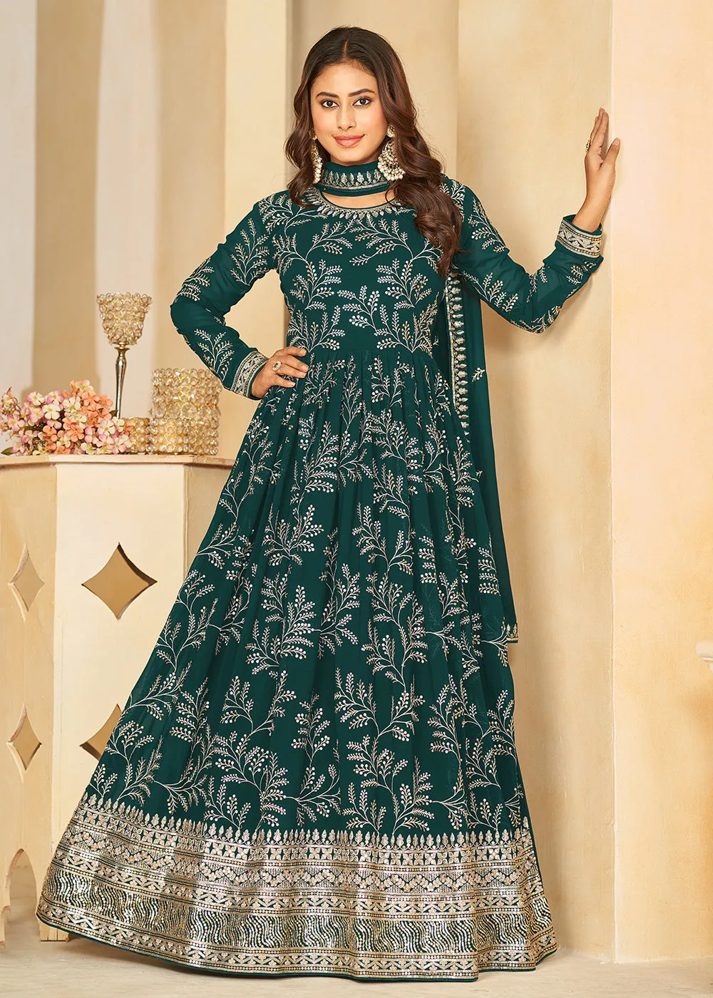 Embroidered Lovely Green Georgette Wedding Anarkali Suit