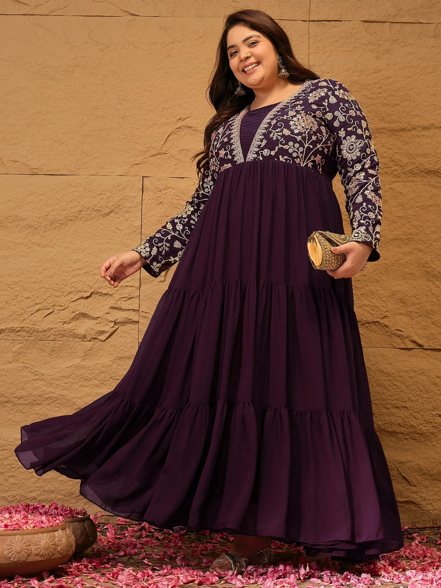 Embroidered Tiered Fit and Flare Ethnic Dress