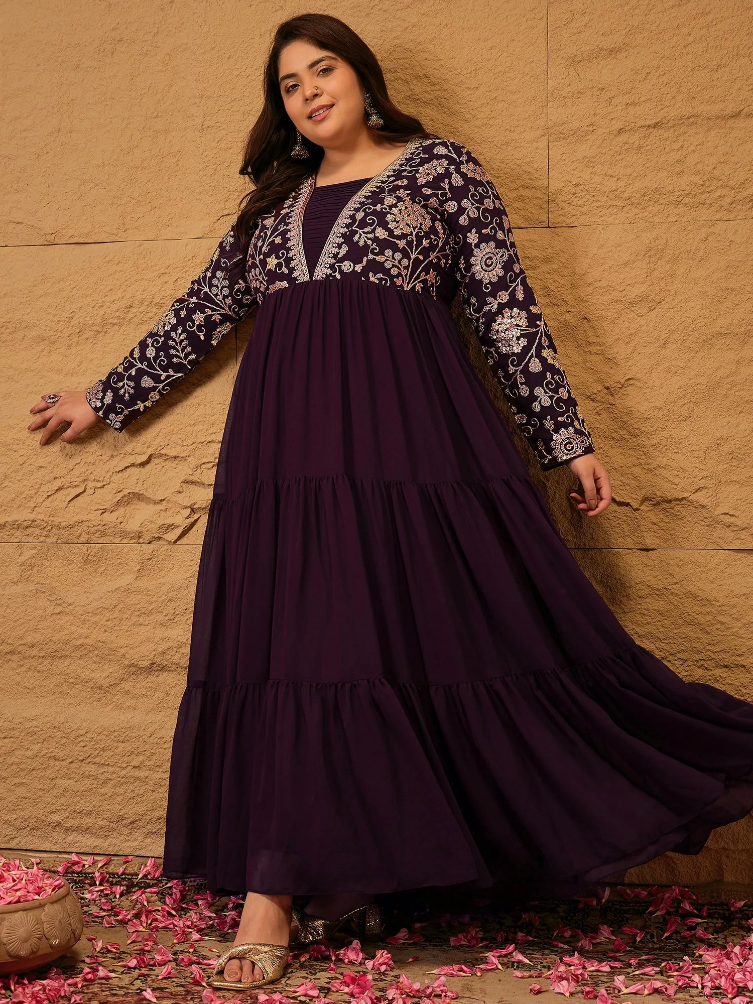 Embroidered Tiered Fit and Flare Ethnic Dress