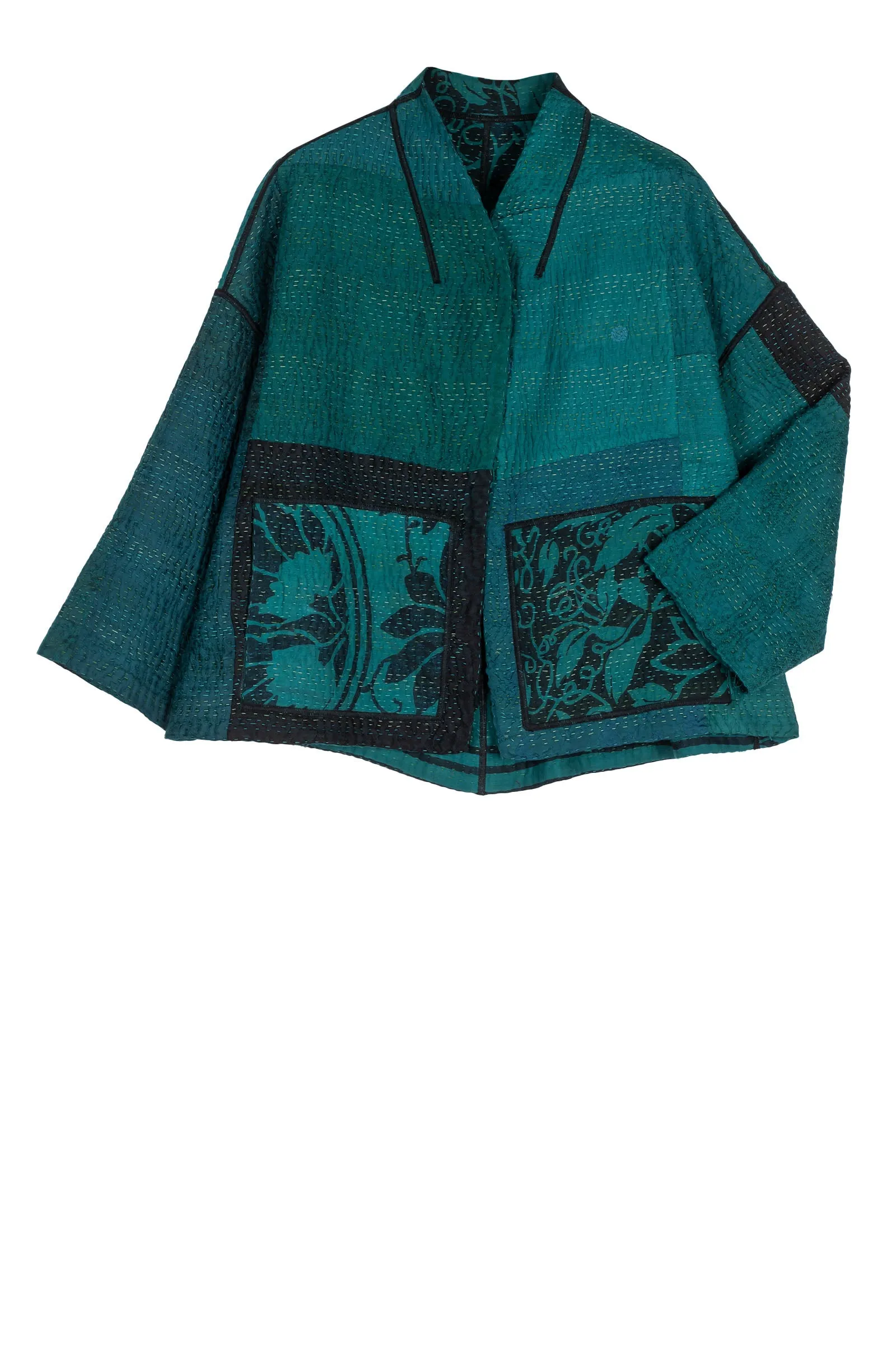 EMERALD GREEN KANTHA STAND COLLAR CROPPED JACKET