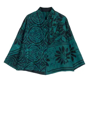 EMERALD GREEN KANTHA STAND COLLAR CROPPED JACKET