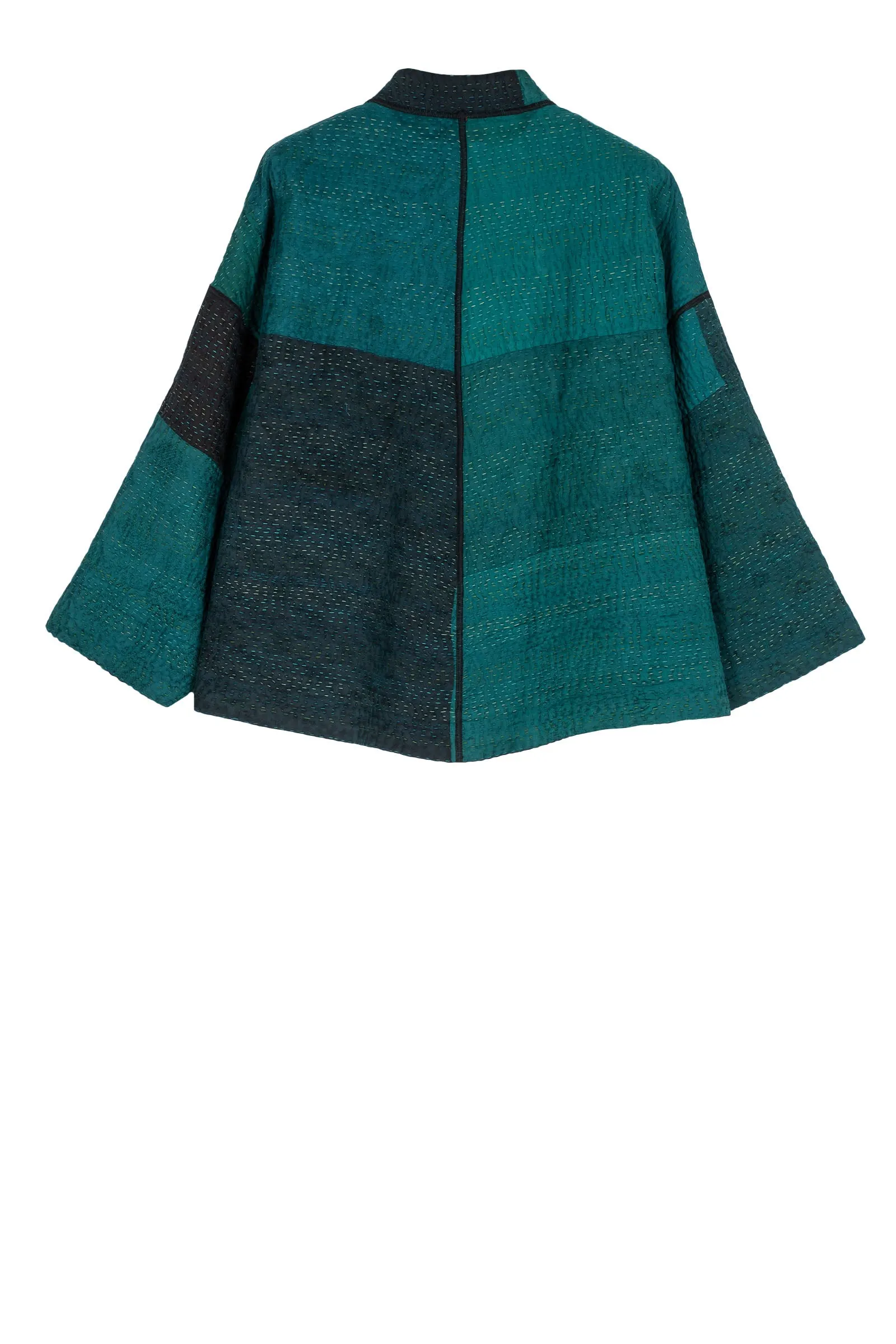 EMERALD GREEN KANTHA STAND COLLAR CROPPED JACKET