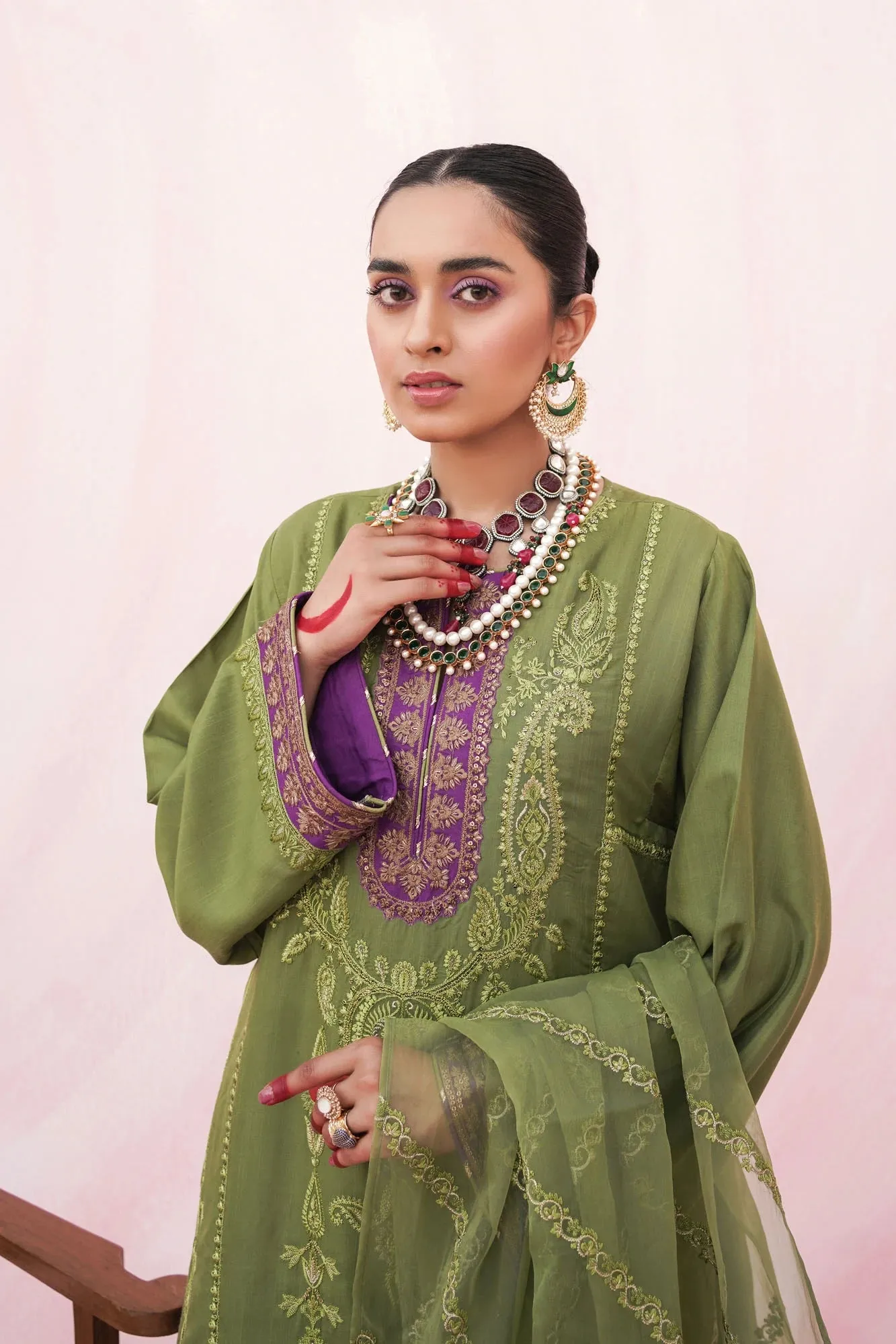 Ethnic Luxury Pret Green Viscose 3-Piece Suit