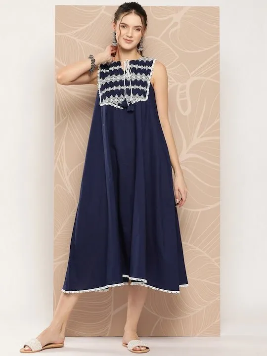 Ethnic Motifs Embroidered Cotton A-Line Midi Dress