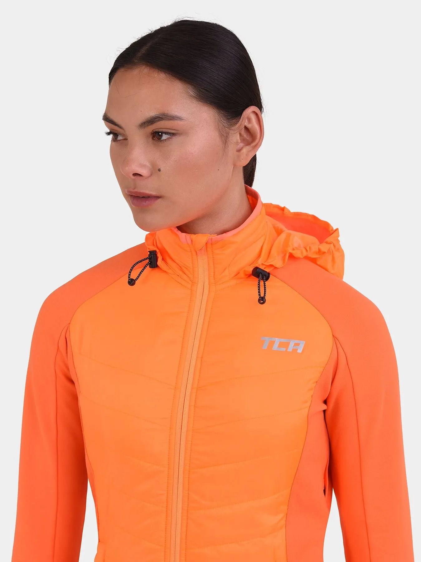 Excel Running Padded Packable Hooded Jacket For Women With Thumbholes, Underarm Ventilation Zips, Zip Pockets & Reflective Strips