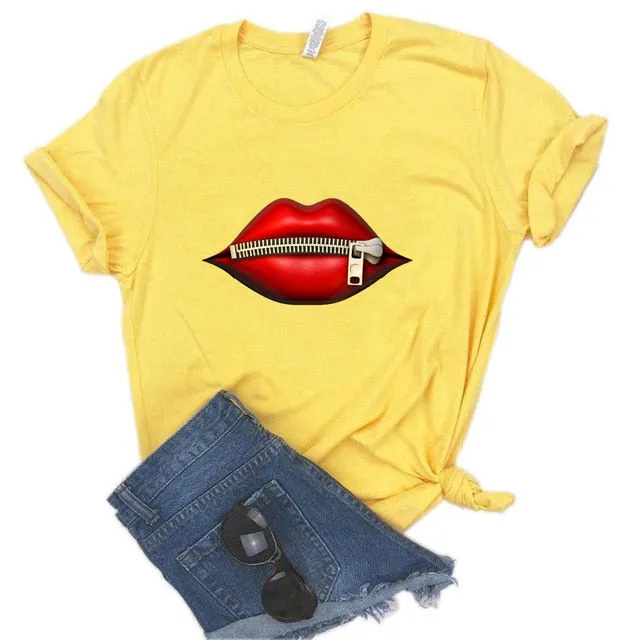 Fashion Women's Casual Sequins Red Lip T-Shirt Short Sleeve T-Shirts 2020 Vintage Creativity zipper Lips T-Shirt,drop ship