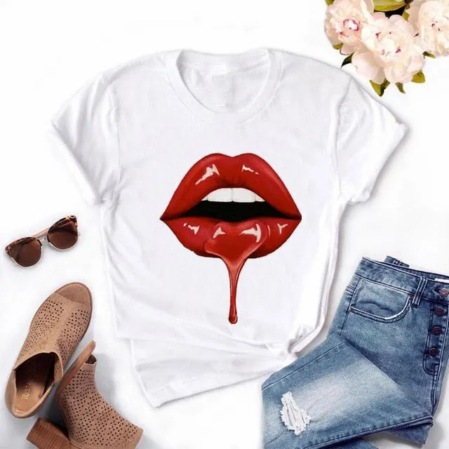 Fashion Women's Casual Sequins Red Lip T-Shirt Short Sleeve T-Shirts 2020 Vintage Creativity zipper Lips T-Shirt,drop ship