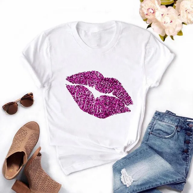 Fashion Women's Casual Sequins Red Lip T-Shirt Short Sleeve T-Shirts 2020 Vintage Creativity zipper Lips T-Shirt,drop ship