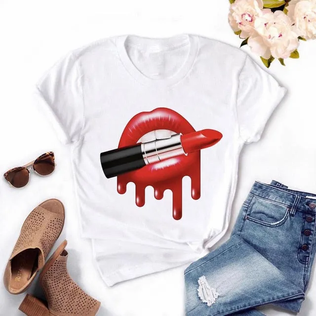 Fashion Women's Casual Sequins Red Lip T-Shirt Short Sleeve T-Shirts 2020 Vintage Creativity zipper Lips T-Shirt,drop ship