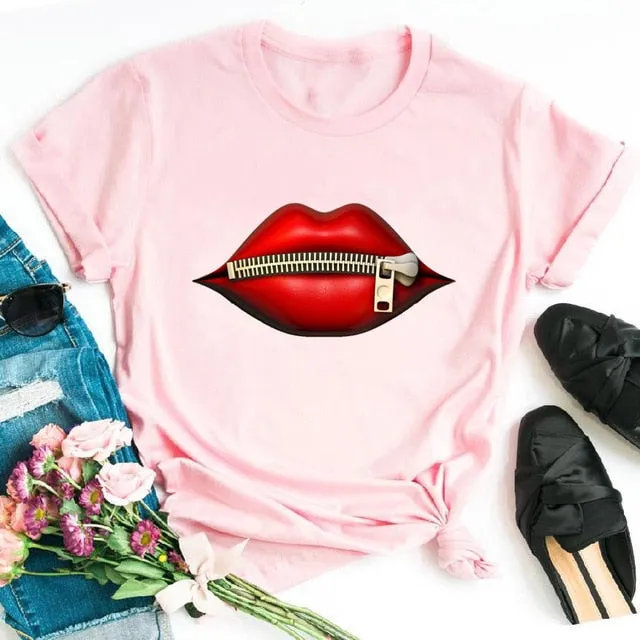 Fashion Women's Casual Sequins Red Lip T-Shirt Short Sleeve T-Shirts 2020 Vintage Creativity zipper Lips T-Shirt,drop ship