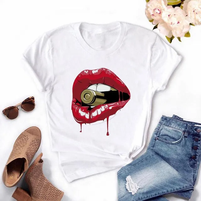 Fashion Women's Casual Sequins Red Lip T-Shirt Short Sleeve T-Shirts 2020 Vintage Creativity zipper Lips T-Shirt,drop ship