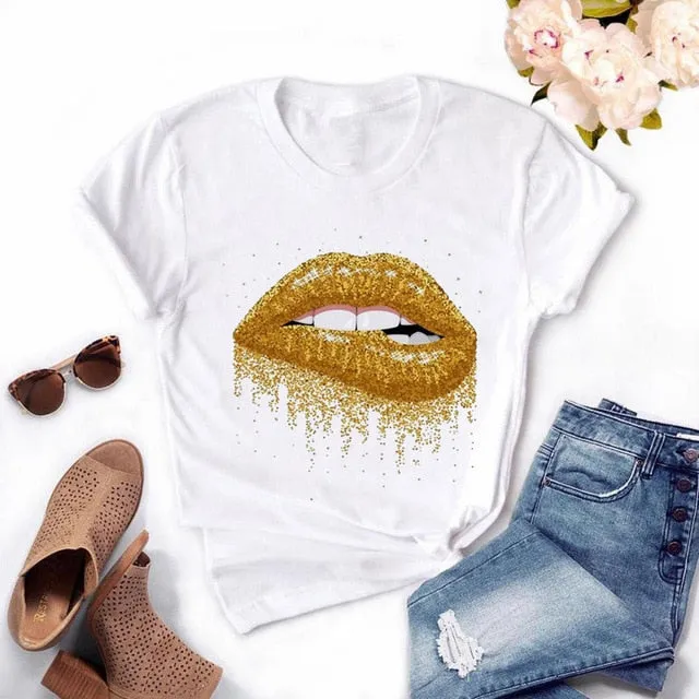 Fashion Women's Casual Sequins Red Lip T-Shirt Short Sleeve T-Shirts 2020 Vintage Creativity zipper Lips T-Shirt,drop ship