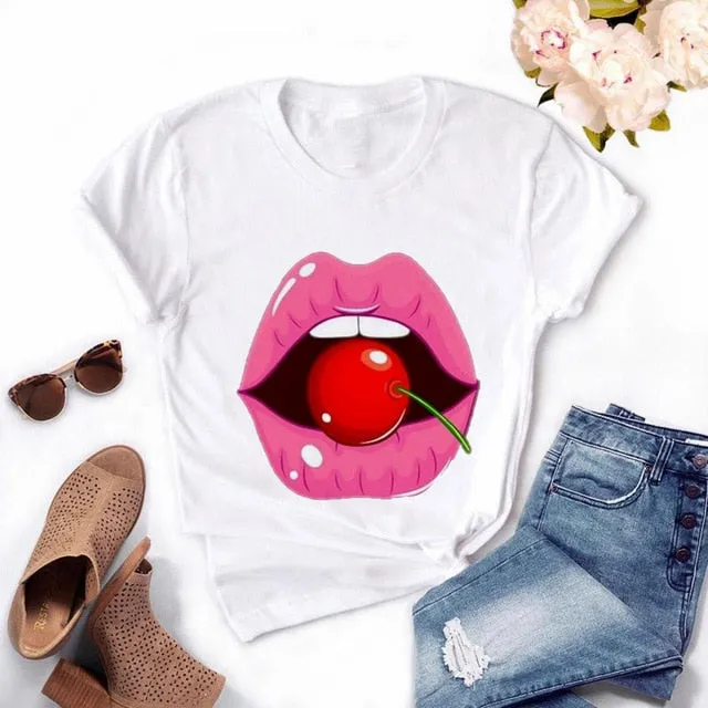 Fashion Women's Casual Sequins Red Lip T-Shirt Short Sleeve T-Shirts 2020 Vintage Creativity zipper Lips T-Shirt,drop ship