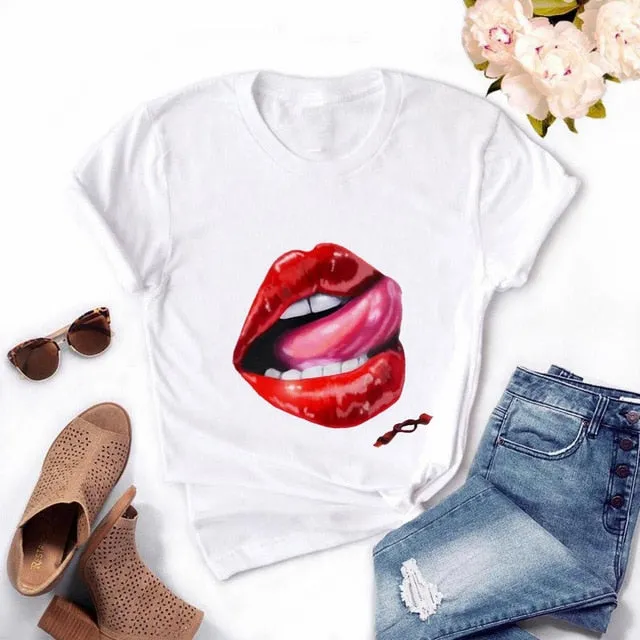 Fashion Women's Casual Sequins Red Lip T-Shirt Short Sleeve T-Shirts 2020 Vintage Creativity zipper Lips T-Shirt,drop ship