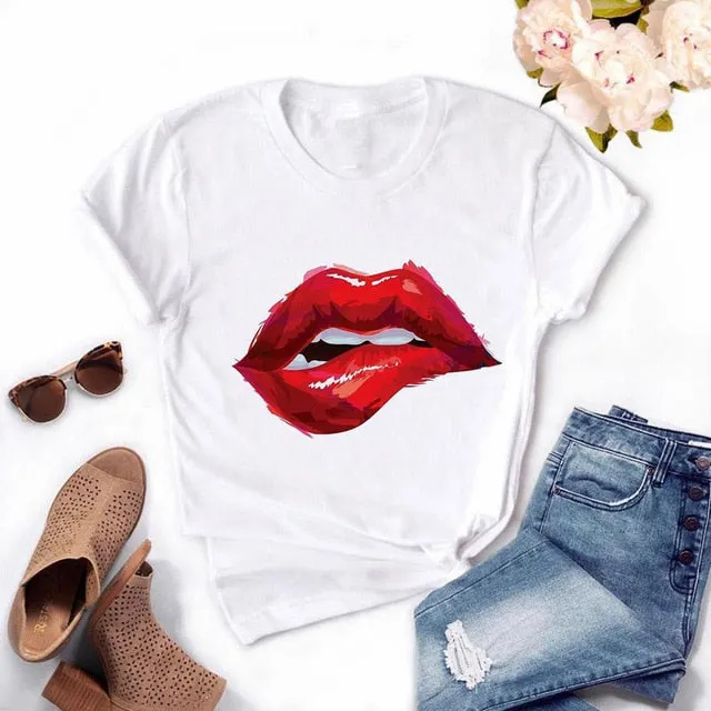 Fashion Women's Casual Sequins Red Lip T-Shirt Short Sleeve T-Shirts 2020 Vintage Creativity zipper Lips T-Shirt,drop ship