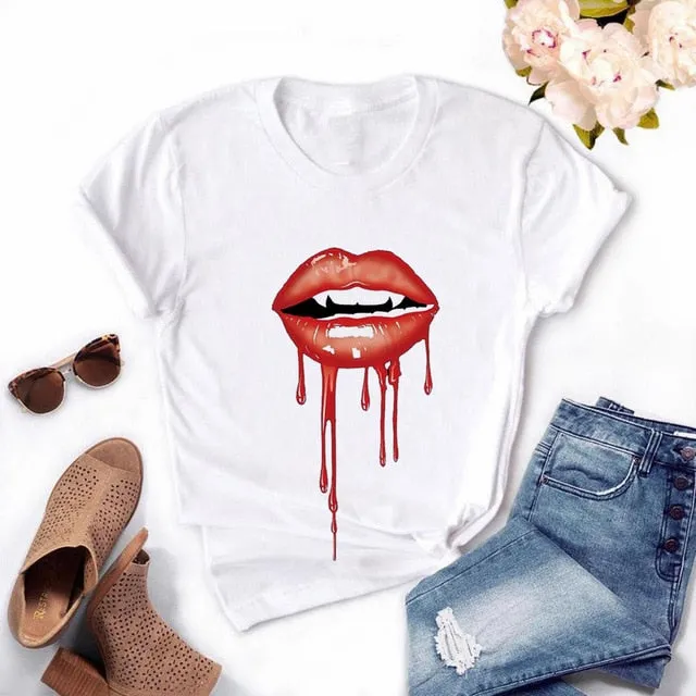 Fashion Women's Casual Sequins Red Lip T-Shirt Short Sleeve T-Shirts 2020 Vintage Creativity zipper Lips T-Shirt,drop ship