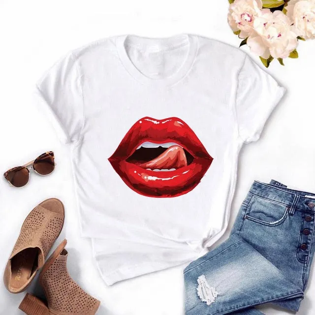 Fashion Women's Casual Sequins Red Lip T-Shirt Short Sleeve T-Shirts 2020 Vintage Creativity zipper Lips T-Shirt,drop ship