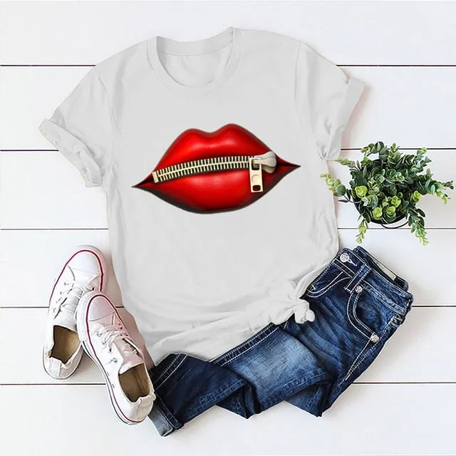 Fashion Women's Casual Sequins Red Lip T-Shirt Short Sleeve T-Shirts 2020 Vintage Creativity zipper Lips T-Shirt,drop ship