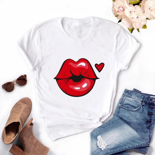 Fashion Women's Casual Sequins Red Lip T-Shirt Short Sleeve T-Shirts 2020 Vintage Creativity zipper Lips T-Shirt,drop ship