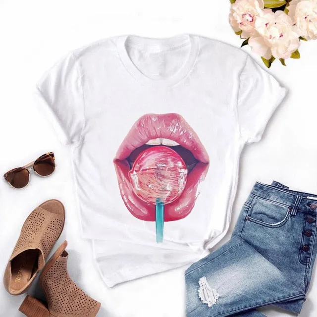 Fashion Women's Casual Sequins Red Lip T-Shirt Short Sleeve T-Shirts 2020 Vintage Creativity zipper Lips T-Shirt,drop ship