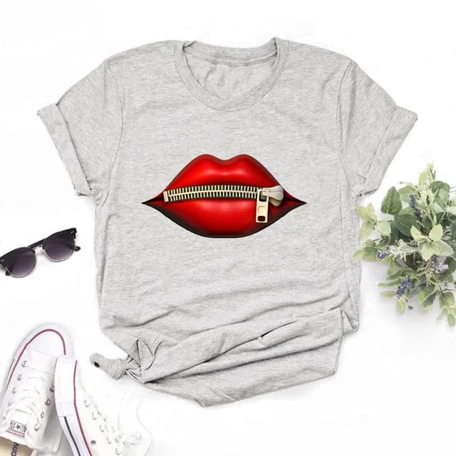 Fashion Women's Casual Sequins Red Lip T-Shirt Short Sleeve T-Shirts 2020 Vintage Creativity zipper Lips T-Shirt,drop ship