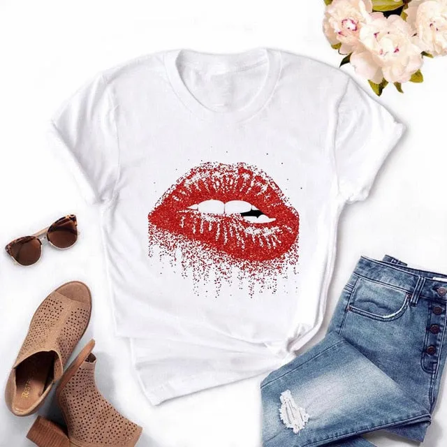 Fashion Women's Casual Sequins Red Lip T-Shirt Short Sleeve T-Shirts 2020 Vintage Creativity zipper Lips T-Shirt,drop ship