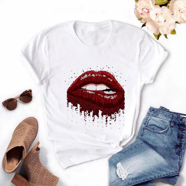 Fashion Women's Casual Sequins Red Lip T-Shirt Short Sleeve T-Shirts 2020 Vintage Creativity zipper Lips T-Shirt,drop ship