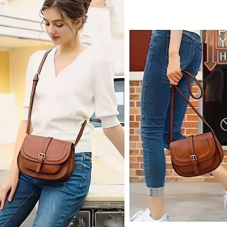 Fashionable Mini Retro Solid Color Half Round Saddle Crossbody Handbag & Flap Purse for Women