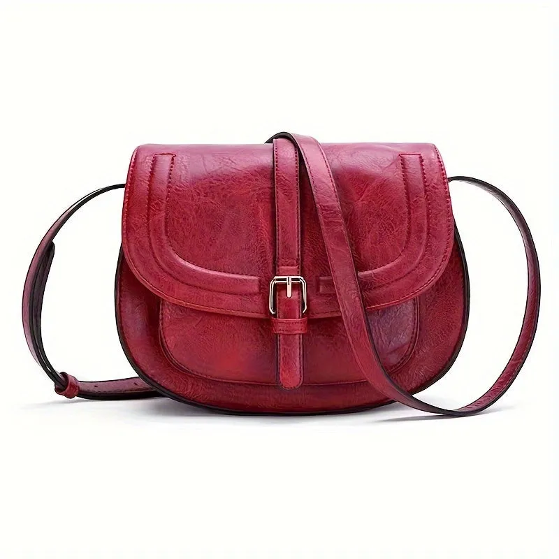 Fashionable Mini Retro Solid Color Half Round Saddle Crossbody Handbag & Flap Purse for Women