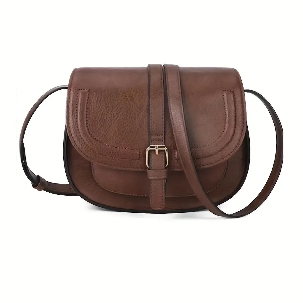 Fashionable Mini Retro Solid Color Half Round Saddle Crossbody Handbag & Flap Purse for Women