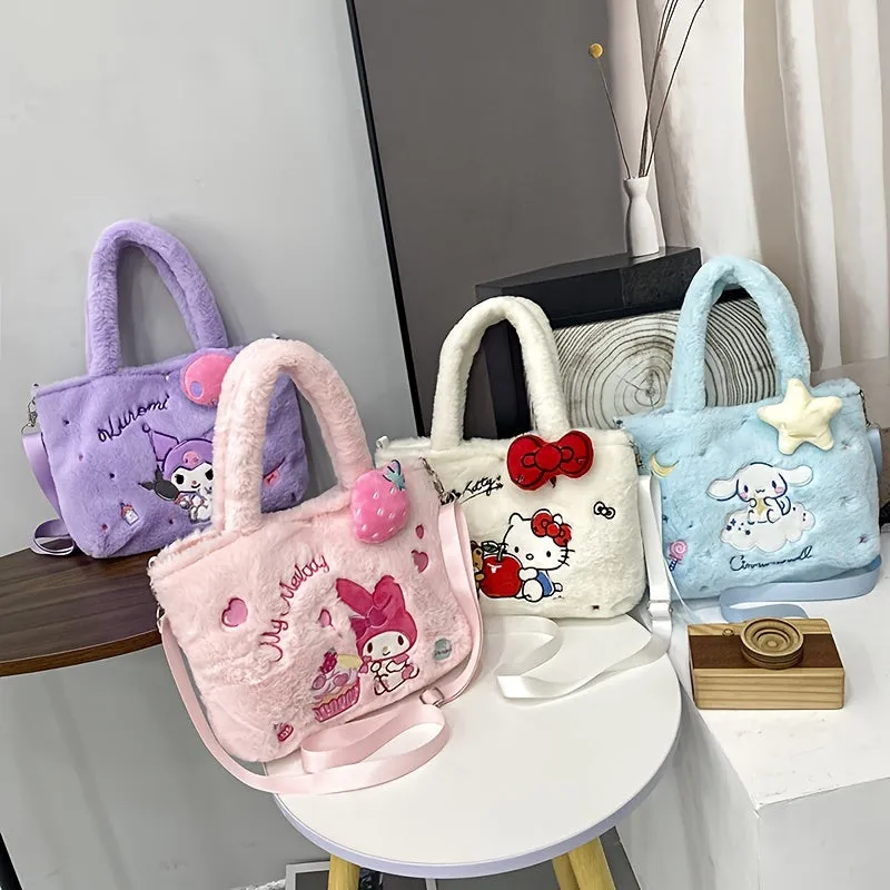 Fluffy Faux Fur Cartoon Anime Handbag - HelloKitty, Cinnamoroll & Kuromi Plush Crossbody Bag - Adorable, Soft & Versatile Shoulder Bag for Fashionistas