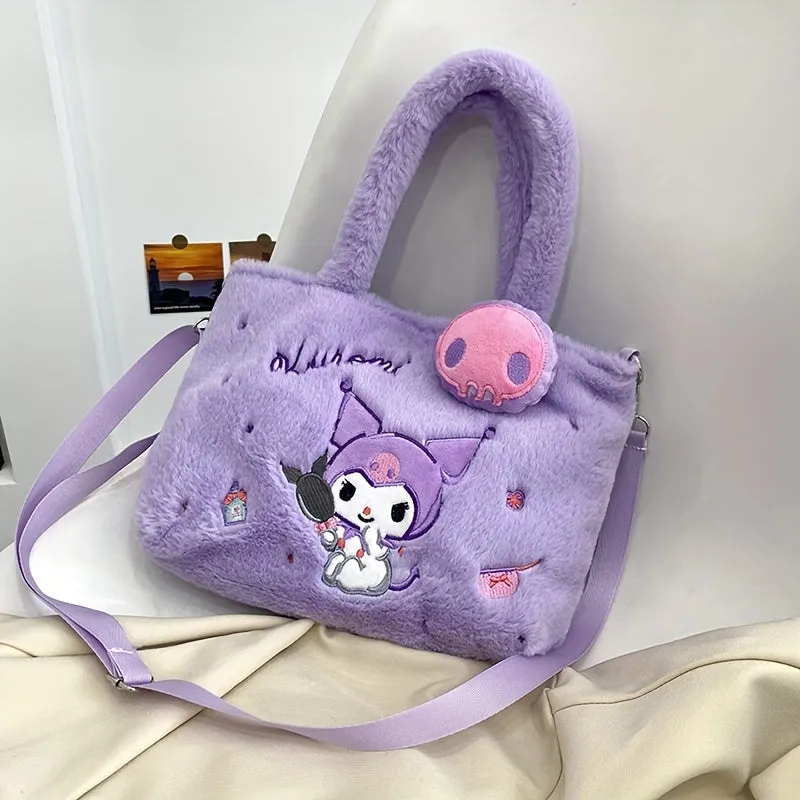 Fluffy Faux Fur Cartoon Anime Handbag - HelloKitty, Cinnamoroll & Kuromi Plush Crossbody Bag - Adorable, Soft & Versatile Shoulder Bag for Fashionistas