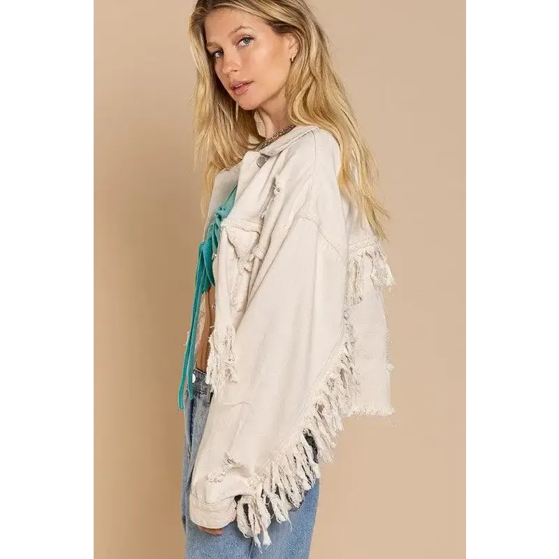 Fringe Distressed Crop Denim Jacket