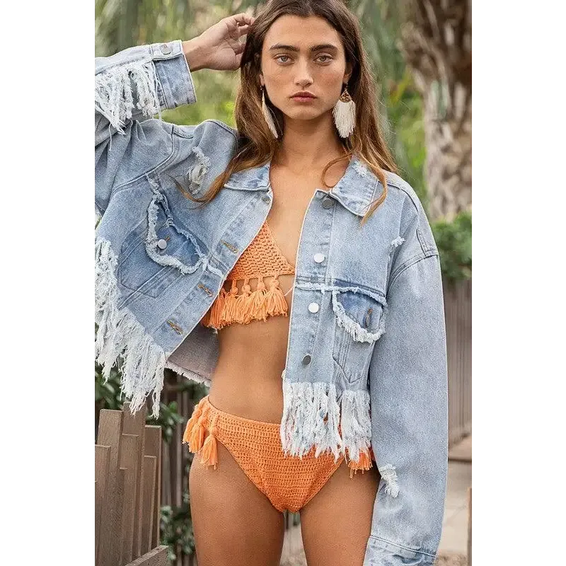 Fringe Distressed Crop Denim Jacket