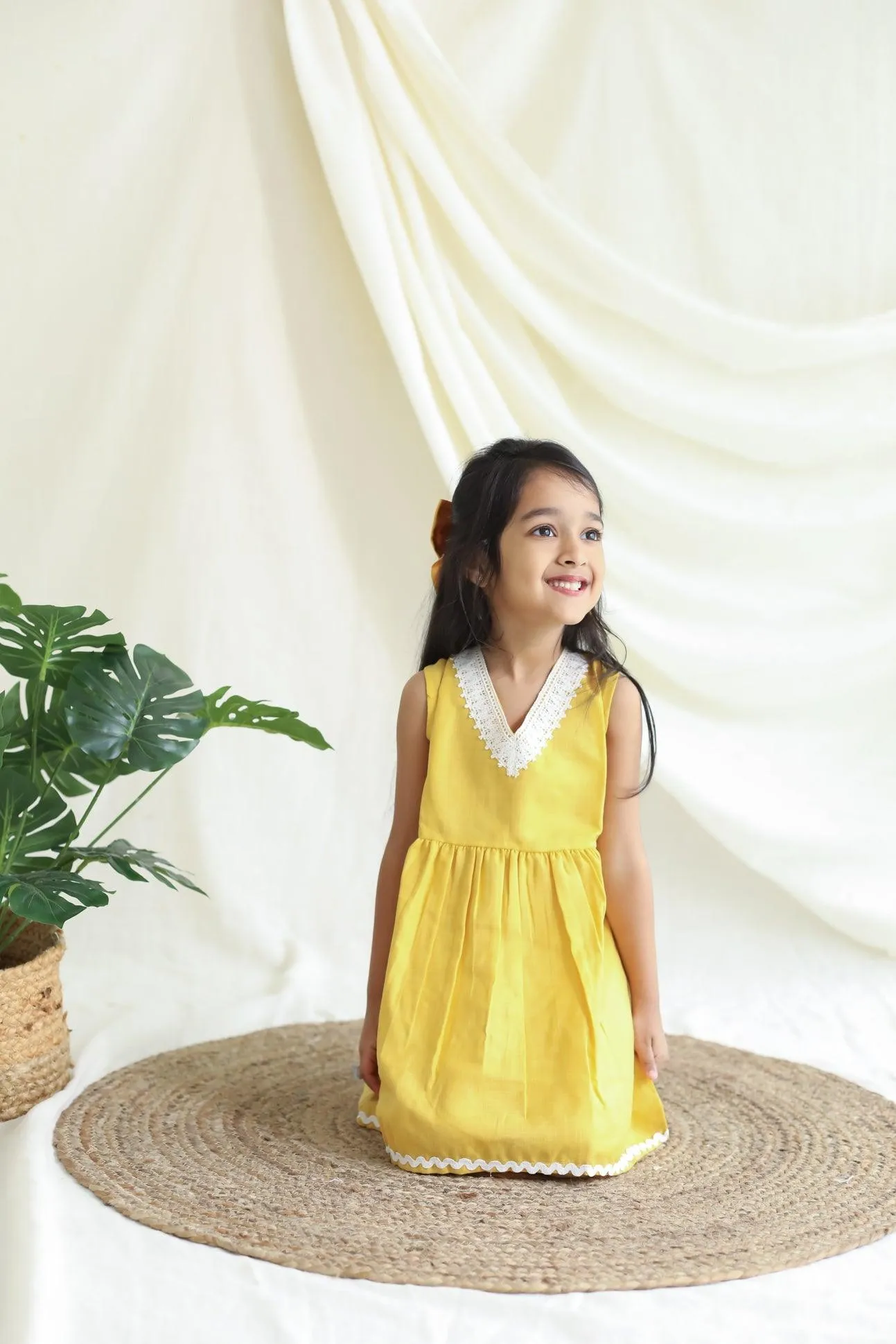 Girl Kurta and Pant Set - Solid Yellow with Lace