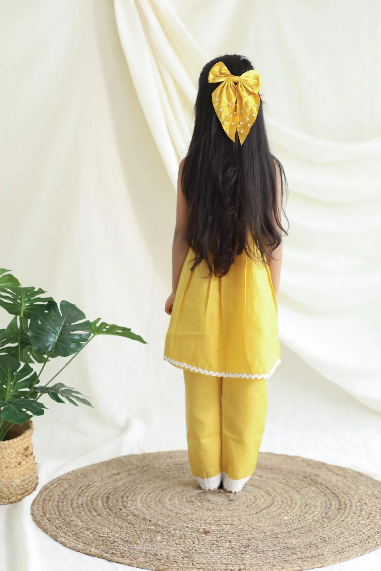 Girl Kurta and Pant Set - Solid Yellow with Lace