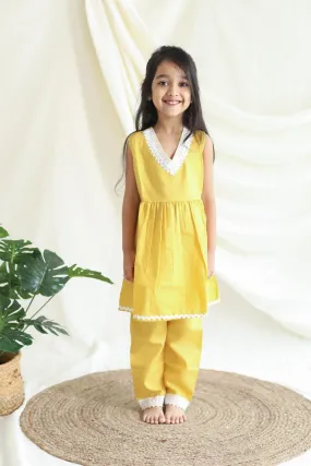 Girl Kurta and Pant Set - Solid Yellow with Lace