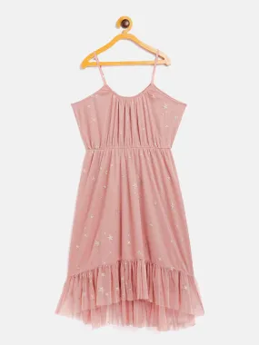 Girls Dusty Pink Mesh Lurex Strappy High Low Dress