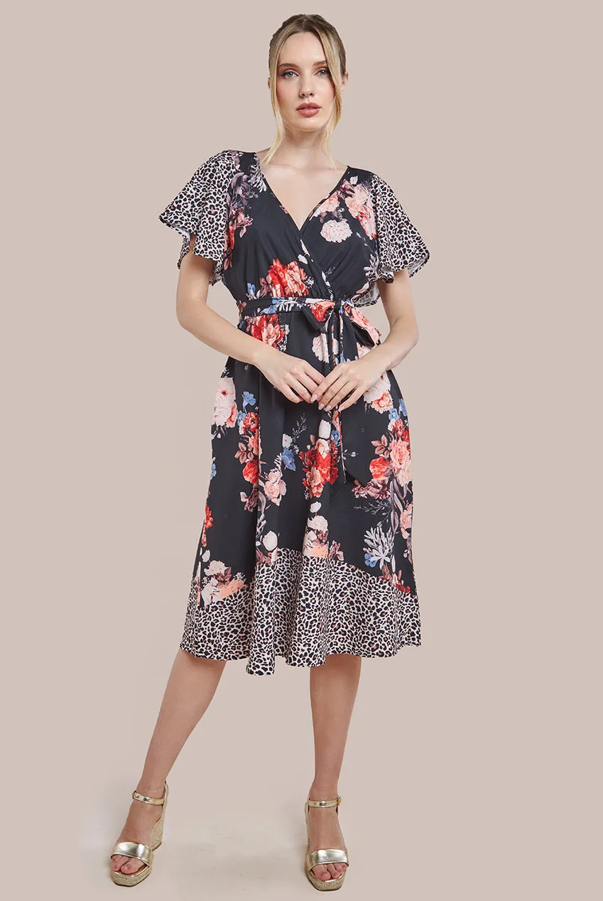 Goddiva Flutter Sleeve Printed Midi Dress - Leopard Print