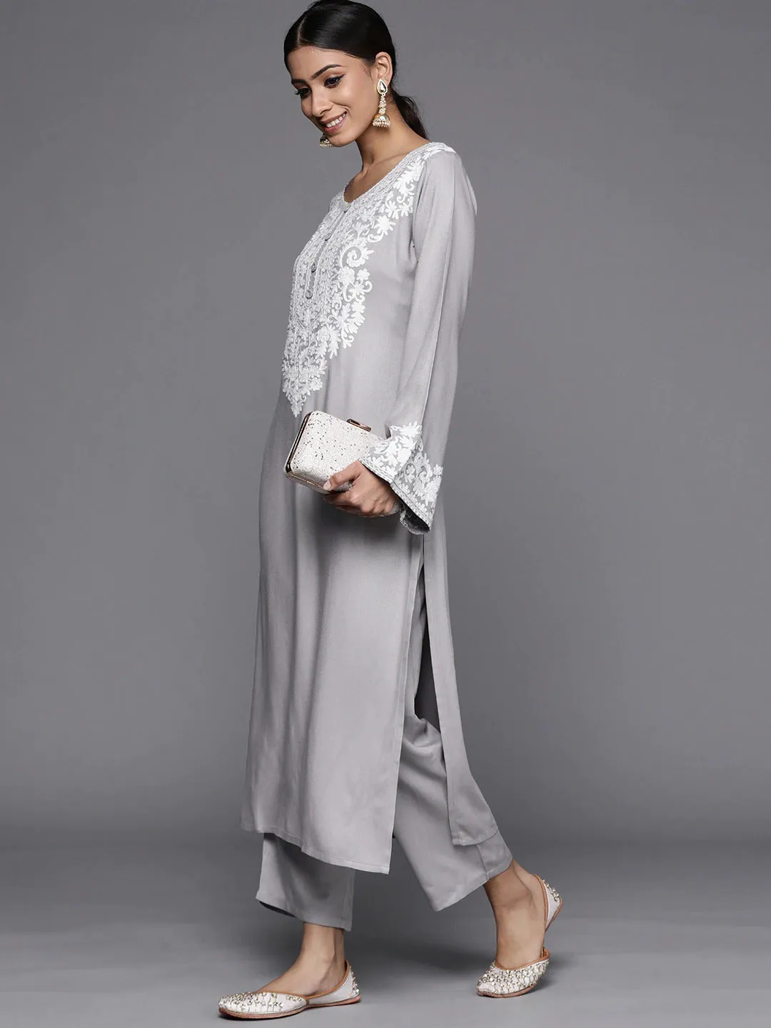 Gray Ethnic Yoke Kurta