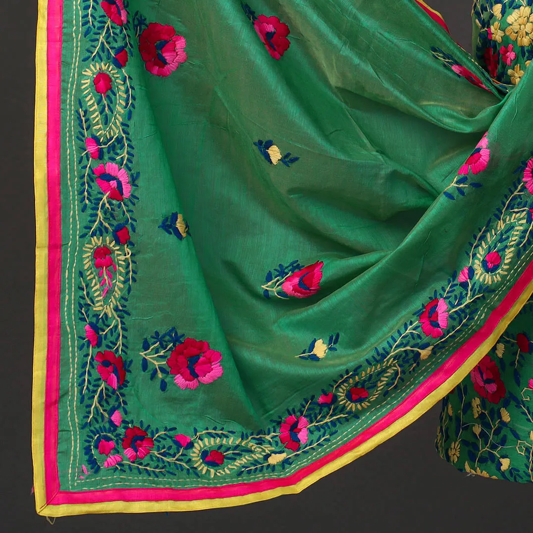 Green - 3pc Hand Embroidery Chanderi Silk Phulkari Dress Material 39