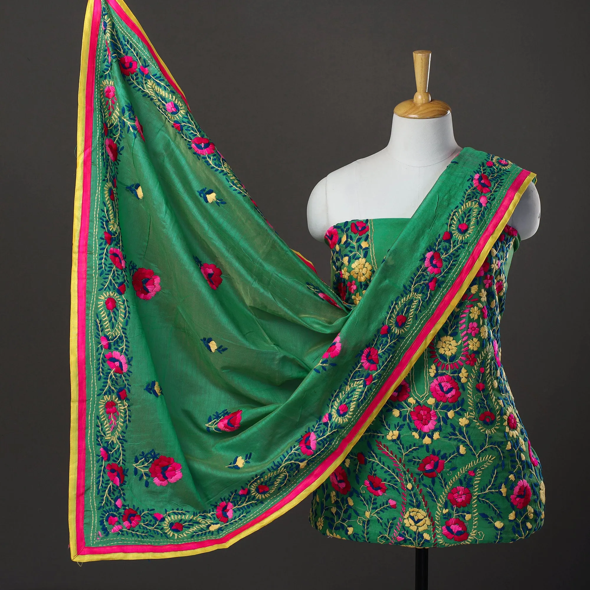 Green - 3pc Hand Embroidery Chanderi Silk Phulkari Dress Material 39